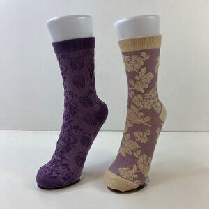 Womens Floral Crew Socks 2 Pack Ribbed Cuff Purple Beige